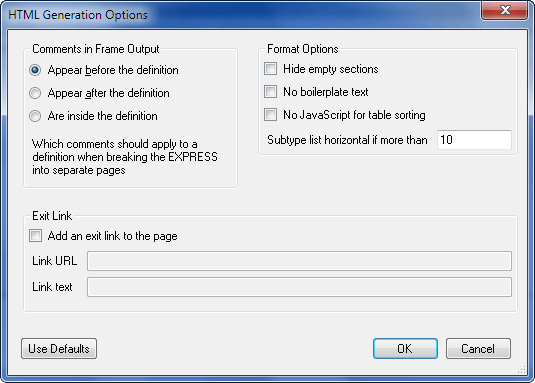EXPRESS to HTML Options Dialog