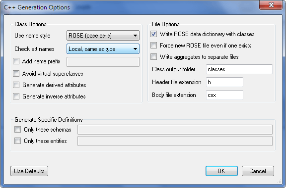 C++ Classes Options Dialog